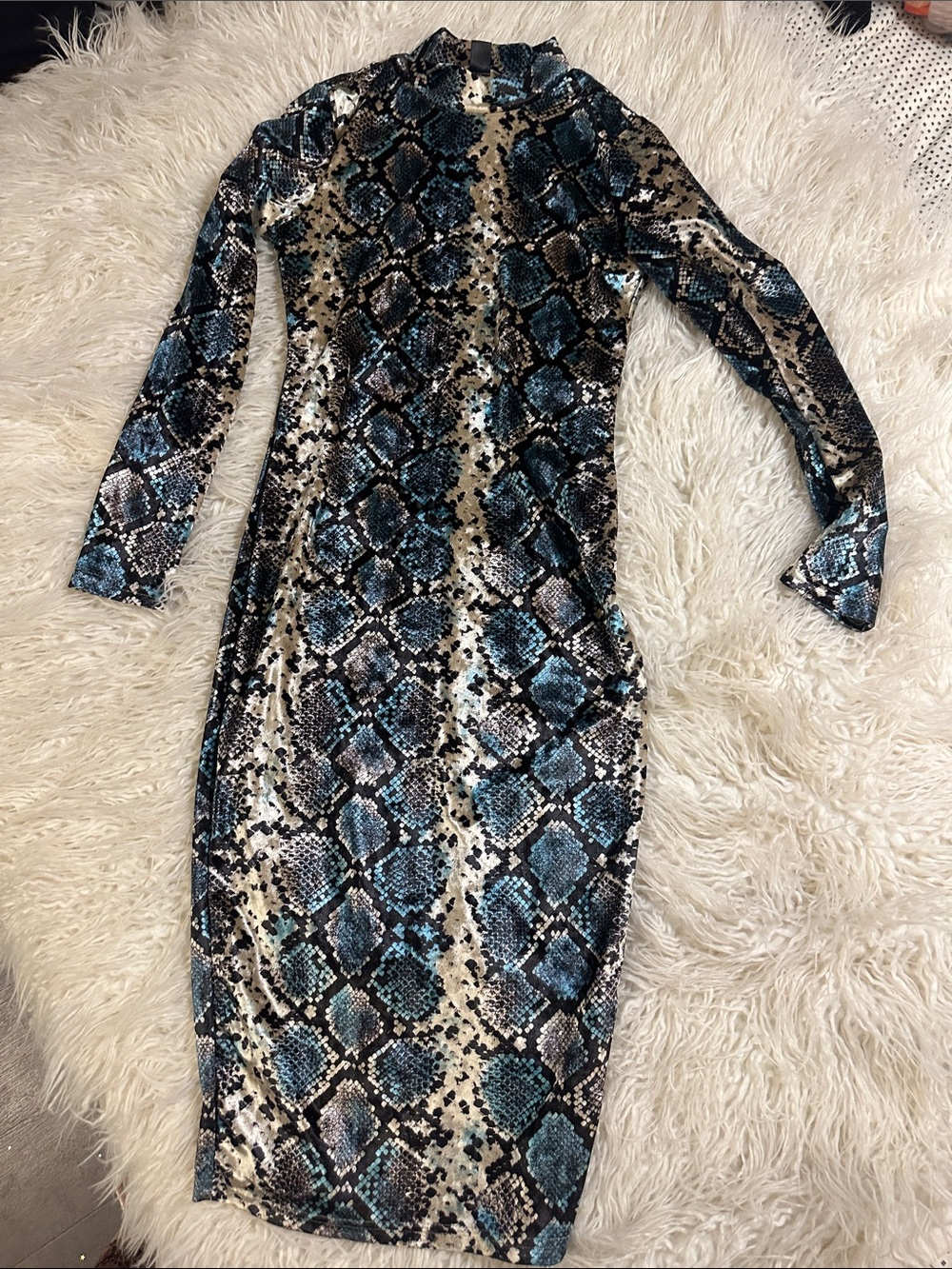 Snake-Print Bodycon velvet Long Sleeve Dress - Teal/Black